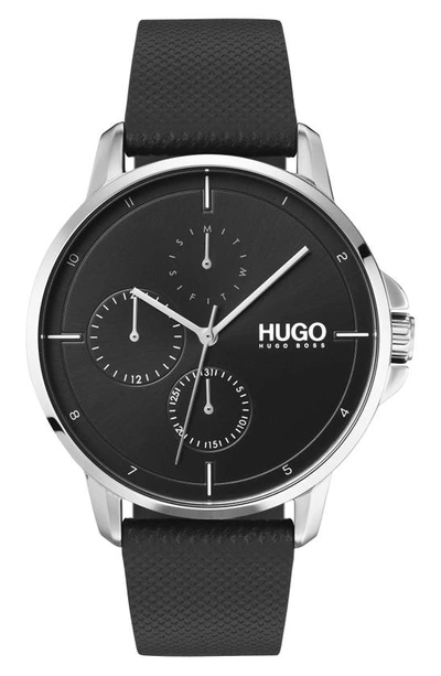 Shop Hugo Leather Strap Watch, 42mm In Black