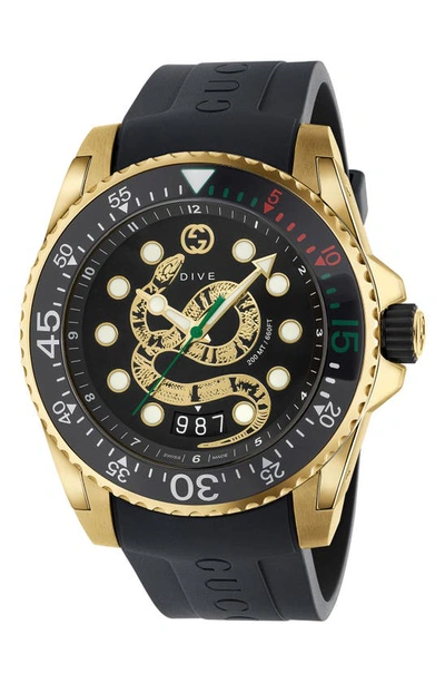 Shop Gucci Dive Snake Rubber Strap Watch, 45mm In Black/ Gold