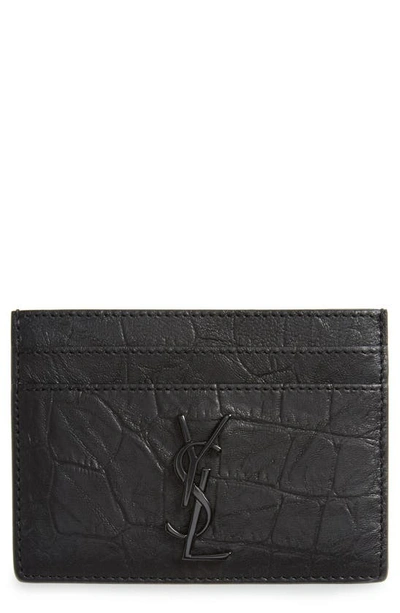 Shop Saint Laurent Croc Embossed Calfskin Leather Card Case In Nero