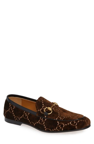 Shop Gucci Jordaan Horsebit Gg Velvet Loafer In Brown/ Nero