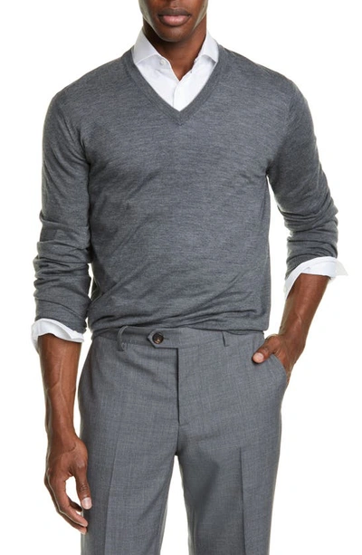 Shop Brunello Cucinelli Fine Gauge Wool & Cashmere V-neck Sweater In Mid Grey