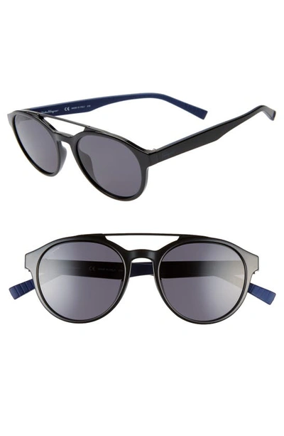 Shop Ferragamo 53mm Round Sunglasses In Black/ Blue