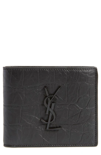 Shop Saint Laurent Croc Embossed Leather Wallet In Black