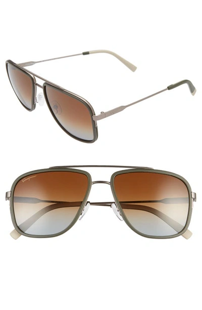 Shop Ferragamo 57mm Navigator Sunglasses In Matte Ruthenium/ Green