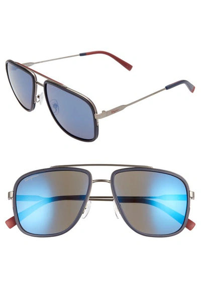 Shop Ferragamo 57mm Navigator Sunglasses In Matte Ruthenium/ Blue