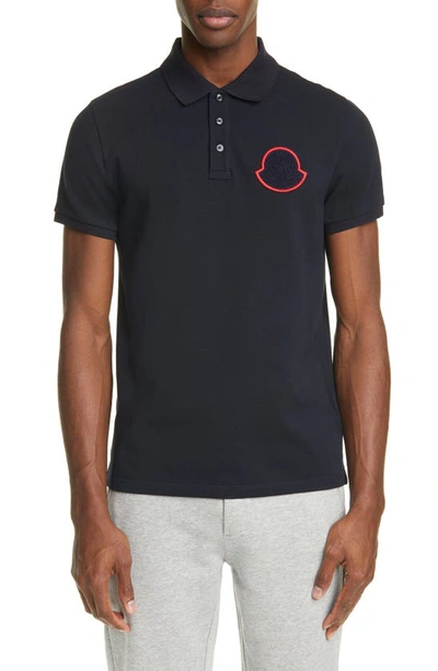 Shop Moncler Logo Patch Short Sleeve Polo In Medium Blue