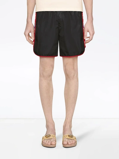 Shop Gucci Nylon Swim Shorts With Logo Stripe In Beige Ebony