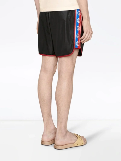 Shop Gucci Nylon Swim Shorts With Logo Stripe In Beige Ebony