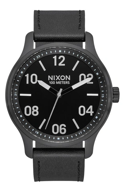 Shop Nixon Patrol Leather Strap Watch, 42mm In Black/ Silver/ Black