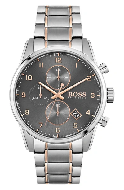 Shop Hugo Boss Skymaster Chronograph Bracelet Watch, 44mm In Silver/ Carnation/ Grey