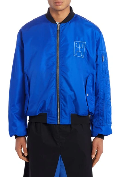 Shop Marcelo Burlon County Of Milan Embroidered Cross Logo Nylon Bomber Jacket In Blue Blue