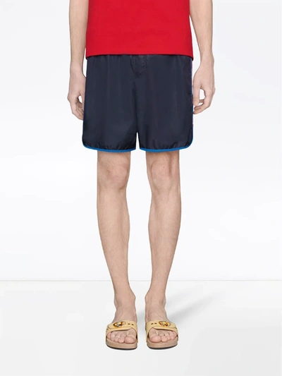 Shop Gucci Nylon Swim Shorts With Logo Stripe In Beige Ebony