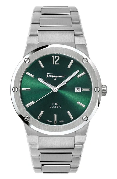Shop Ferragamo F-80 Classic Bracelet Watch, 41mm In Silver/ Green