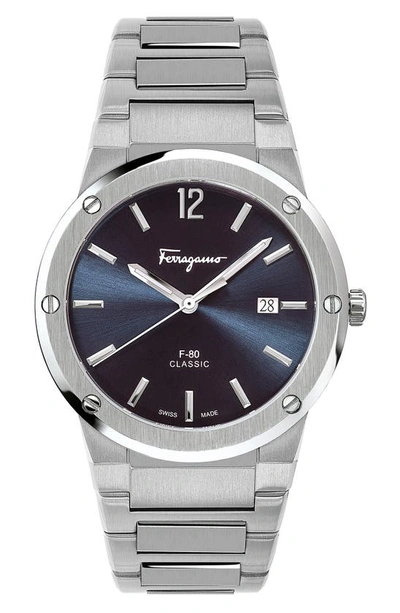 Shop Ferragamo F-80 Classic Bracelet Watch, 41mm In Silver/ Blue