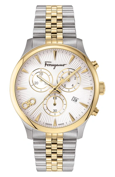 Shop Ferragamo Duo Chronograph Two-tone Bracelet Watch; 42mm In Silver/ White/ Gold