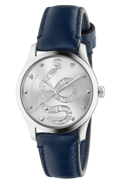 Shop Gucci G-timeless Snake Leather Strap Watch, 38mm In Blue/ Silver
