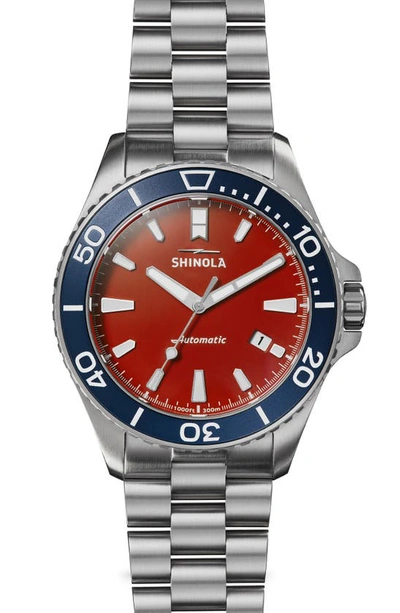 Shop Shinola The Monster Automatic Bracelet Watch, 43mm In Silver/ Cardinal Red/ Blue