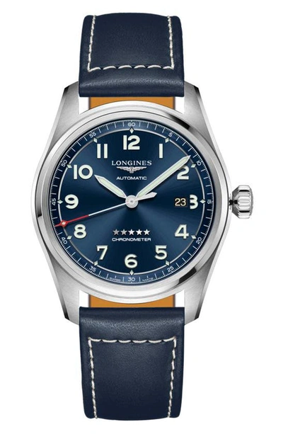 Shop Longines Spirit Automatic Leather Strap Watch, 42mm In Blue/ Silver