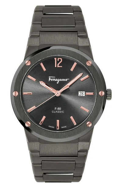 Shop Ferragamo F-80 Classic Gunmetal Bracelet Watch, 41mm In Grey