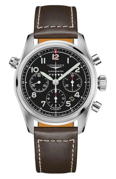 Shop Longines Spirit Automatic Chronograph Leather Strap Watch, 42mm In Brown/ Black/ Silver