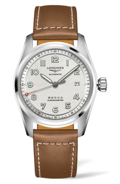 Shop Longines Spirit Automatic Leather Strap Watch, 40mm In Brown/ Silver