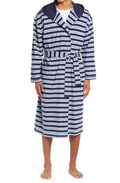 Shop Majestic Pure Lines Hooded Knit Robe In Sapphire Stripe