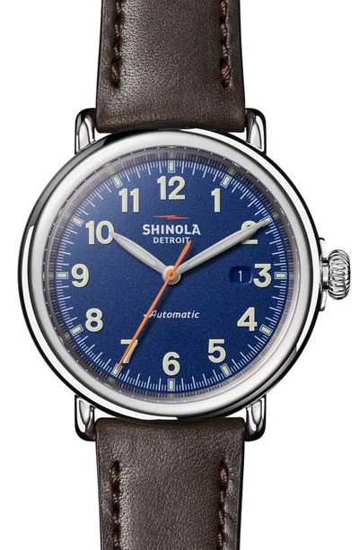 Shop Shinola Runwell Automatic Leather Strap Watch, 45mm In Kodiak/ Blue/ Silver