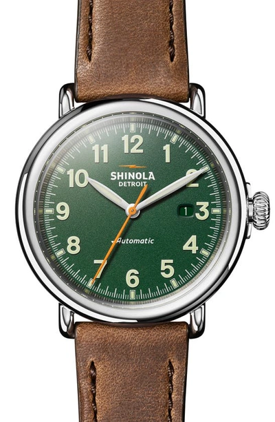 Shop Shinola Runwell Automatic Leather Strap Watch, 45mm In British Tan/ Green/ Silver