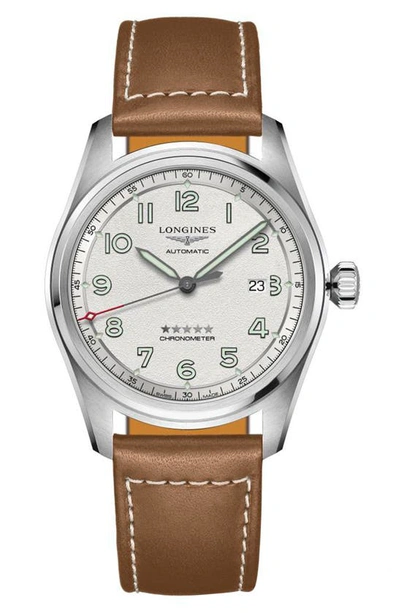 Shop Longines Spirit Automatic Leather Strap Watch, 42mm In Tan/ Silver