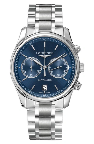 Shop Longines Master Collection Automatic Chronograph Bracelet Watch, 40mm In Stainless Steel/ Blue