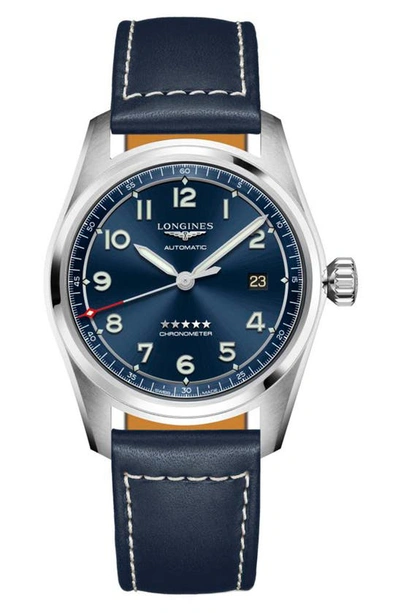 Shop Longines Spirit Automatic Leather Strap Watch, 40mm In Blue/ Silver
