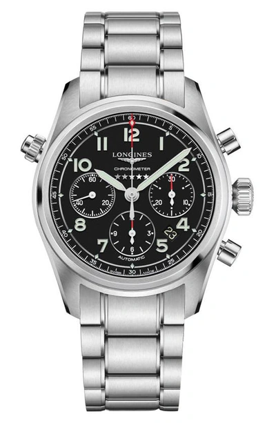 Shop Longines Spirit Automatic Chronograph Bracelet Watch, 42mm In Silver/ Black
