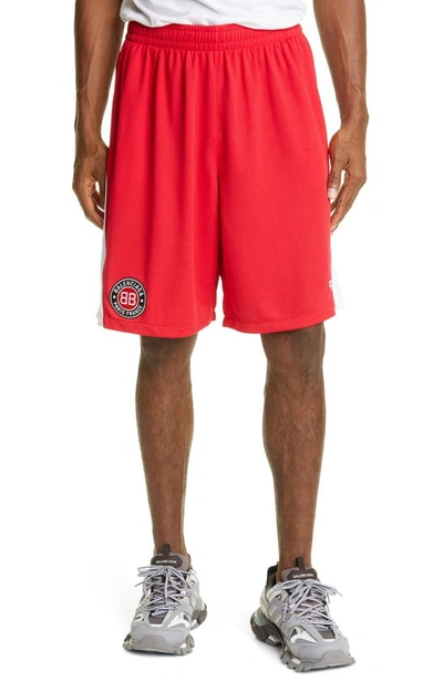 Shop Balenciaga Logo Mesh Jersey Soccer Shorts In Red/white