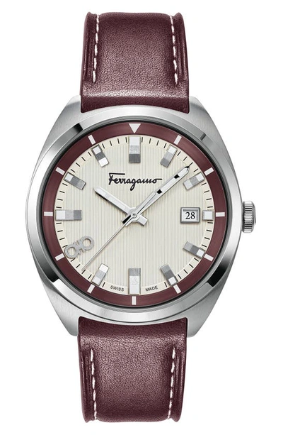 Shop Ferragamo Leather Strap Watch, 40mm In Burgundy/ Silver