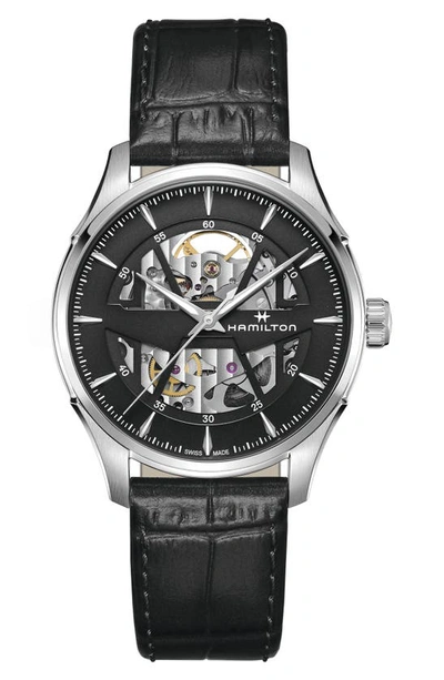 Shop Hamilton Jazzmaster Skeleton Leather Strap Watch, 40mm In Anthracite/black