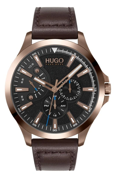 Shop Hugo Boss Leap Multifunction Leather Strap Watch, 45mm In Brown