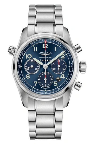 Shop Longines Spirit Automatic Chronograph Bracelet Watch, 42mm In Silver/ Blue