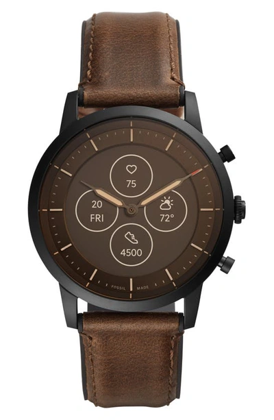Shop Fossil Collider Hybrid Hr Chronograph Leather Strap Smart Watch, 42mm In Black