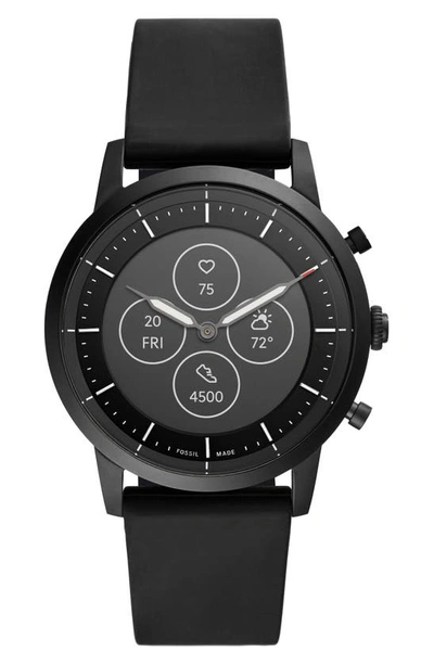 Shop Fossil Collider Hybrid Hr Chronograph Silicone Strap Smart Watch, 42mm In Black