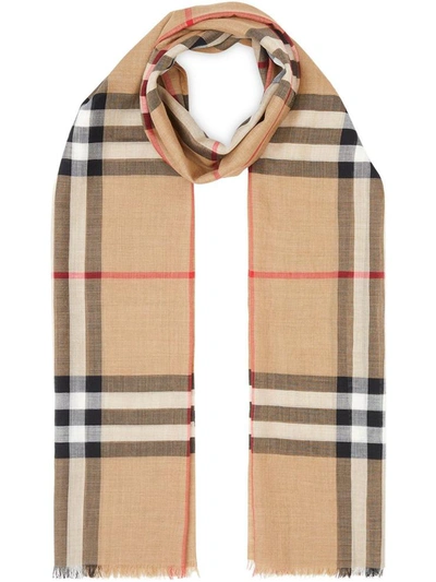 Shop Burberry Lightweight Check Wool And Silk Scarf In Black Archive Beige