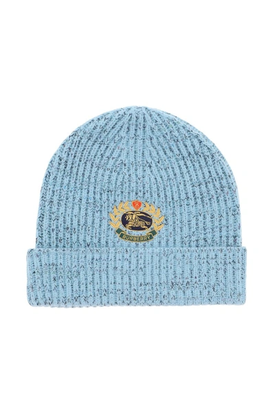 Shop Burberry Beanie Hat With Logo Embroidery In Blue Topaz