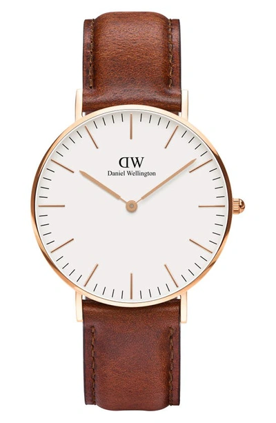 Shop Daniel Wellington Classic St. Mawes Leather Strap Watch, 36mm In Rose Gold/ Eggshell