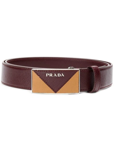 Shop Prada Buckle Belt In Bordeaux+beige