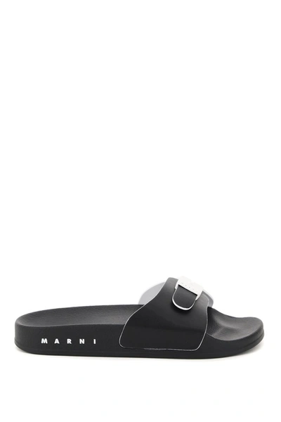 Shop Marni Logo Slides In Black Lily White Black