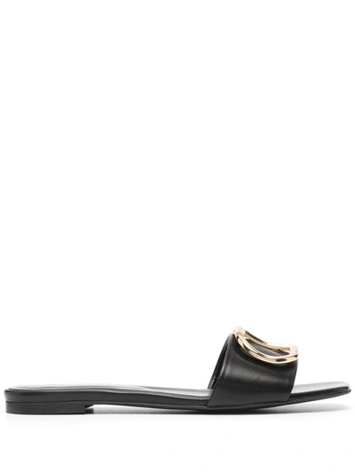 Shop Twinset Slide Leather Sandals With Buckle In Black