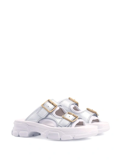 Shop Gucci Metallic Leather Slippers In Bianco