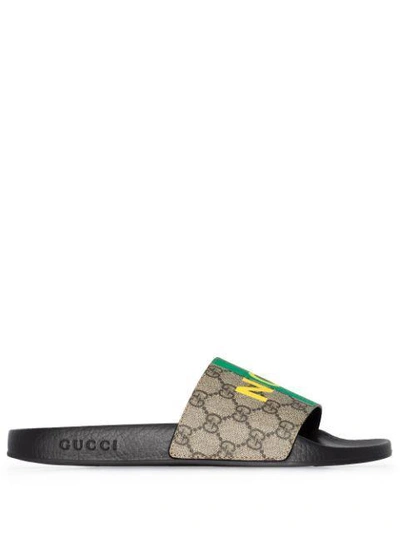 Shop Gucci Fake/not Print Slides In 004 Havana Green Grey