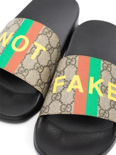 Shop Gucci Fake/not Print Slides In 004 Havana Green Grey