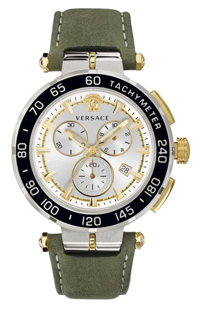 Shop Versace Greca Detailed Leather Strap Watch, 45mm In Green/ Silver