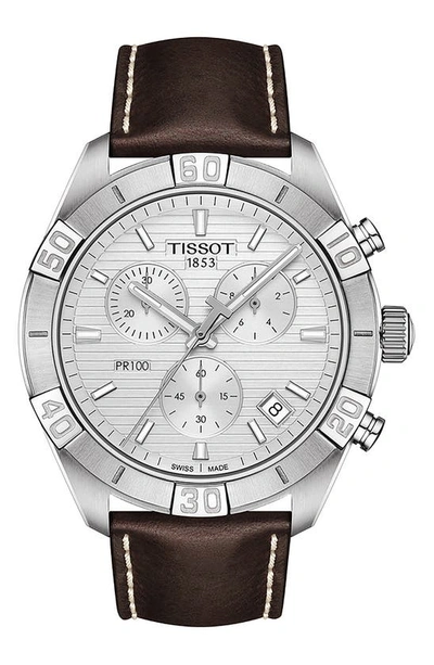 Shop Tissot Pr 100 Chronograph Leather Strap Watch, 44mm In Silver